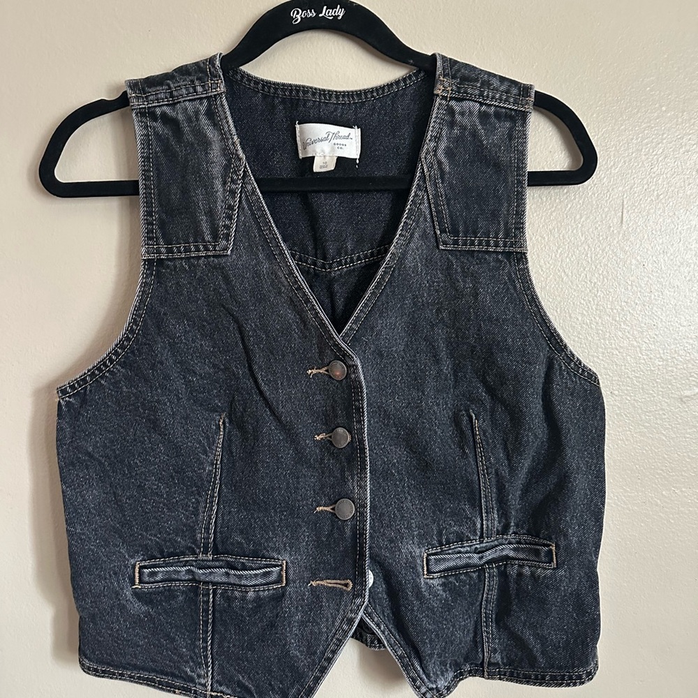 Black Denim Vest with Button Closure